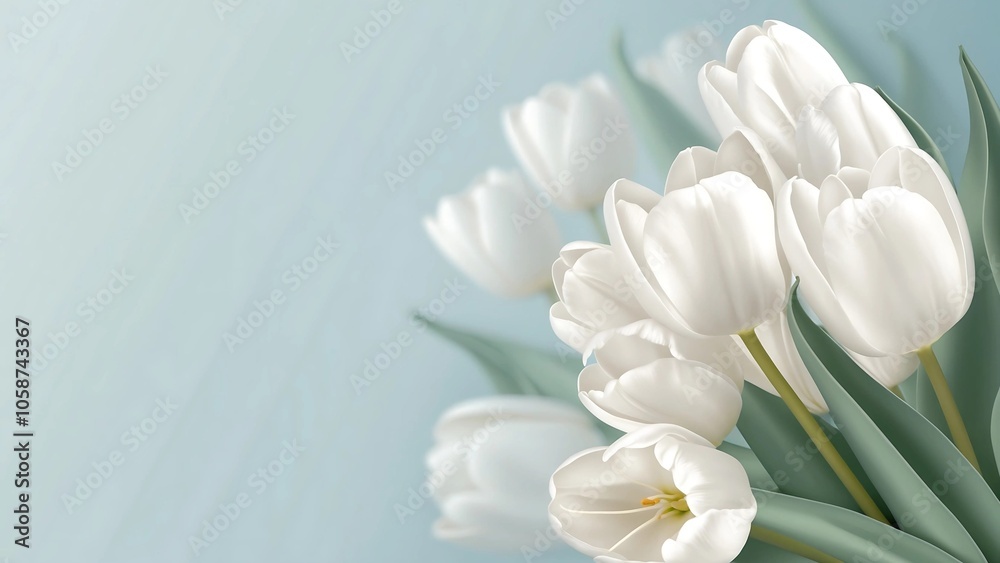 A digital illustration featuring a cluster of white tulips against a soft, gradient blue background.