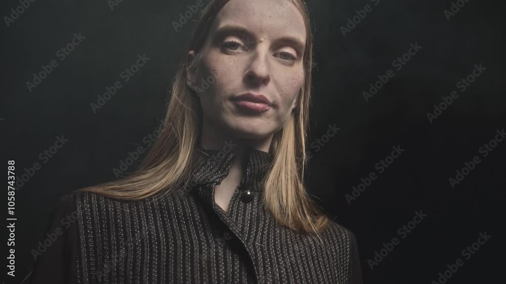 Woman with long blonde hair is posing for a photo shoot. She is wearing a dark jacket and the background is black. There is fog in the air, creating a moody and atmospheric effect Woman with long blonde hair is posing for a photo shoot. She is wearing a dark jacket and the background is black. There is fog in the air, creating a moody and atmospheric effect
