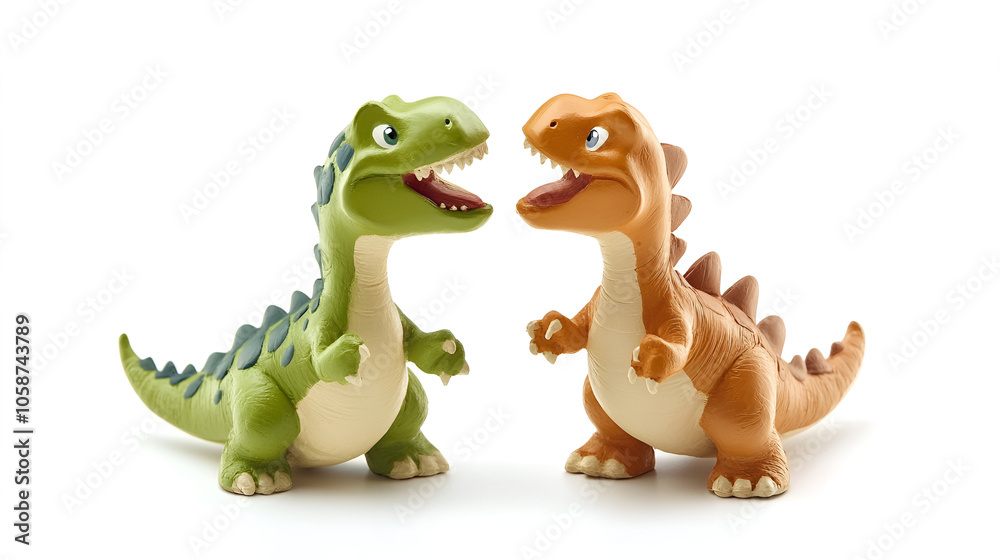 Obraz premium discover the adorable toy model Dinosaur , Fun Dinosaur green and light brown very happy with smiley face , Cartoon Dinosaur pointing on white background 