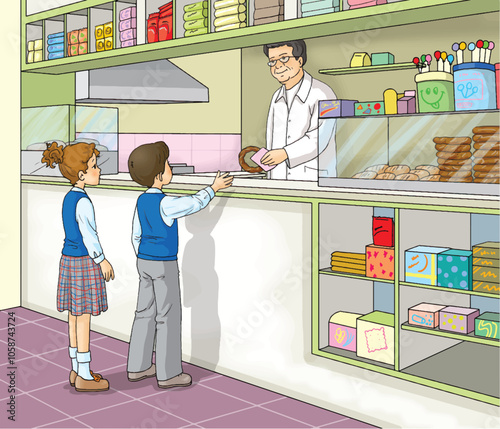 Students buying bagels from the school cafeteria.