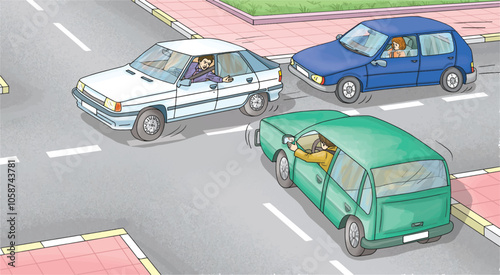 Car drivers arguing in traffic.
