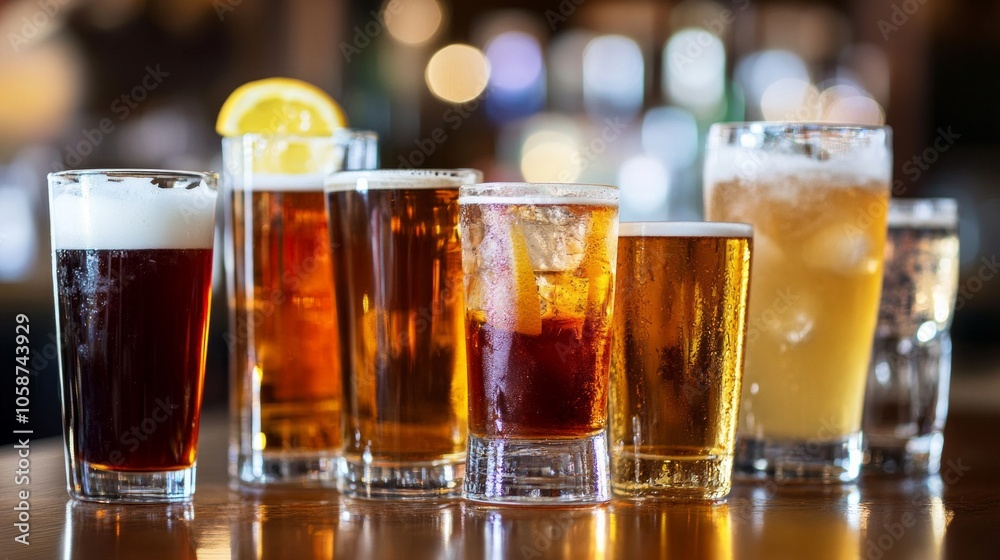 A row of glasses with different colored drinks in them A row of glasses with different colored drinks in them