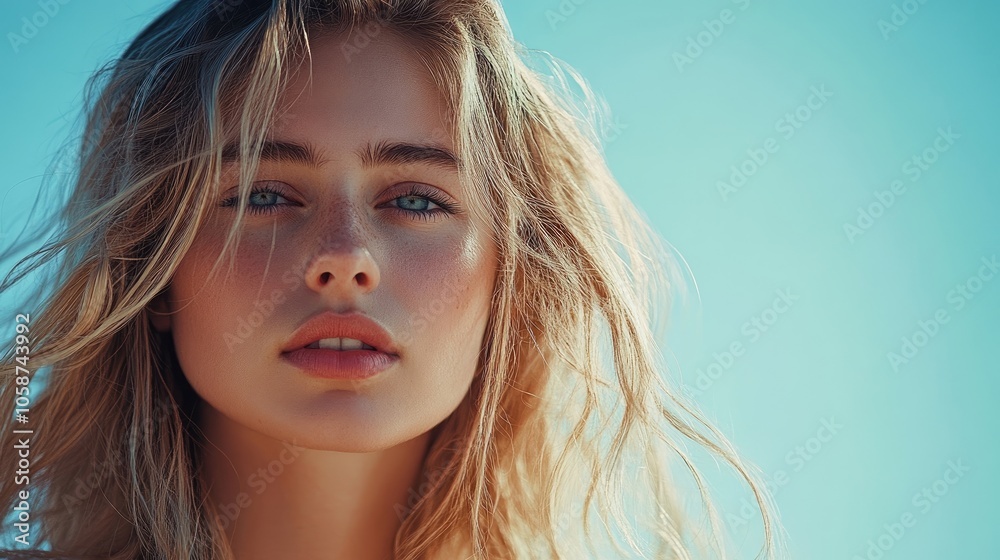 Young female model with flowing blond hair poses gracefully against a soft pastel blue backdrop, creating an inviting atmosphere with ample copy space for your design needs.