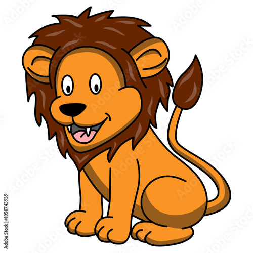 Leone arancione marrone che ride. Disegno simpatico stile fumetto vettoriale editabile