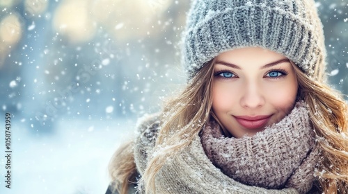 Portrait of a woman wearing winter clothing outdoors amidst a snowy landscape, capturing the essence of winter while providing ample copy space for text.