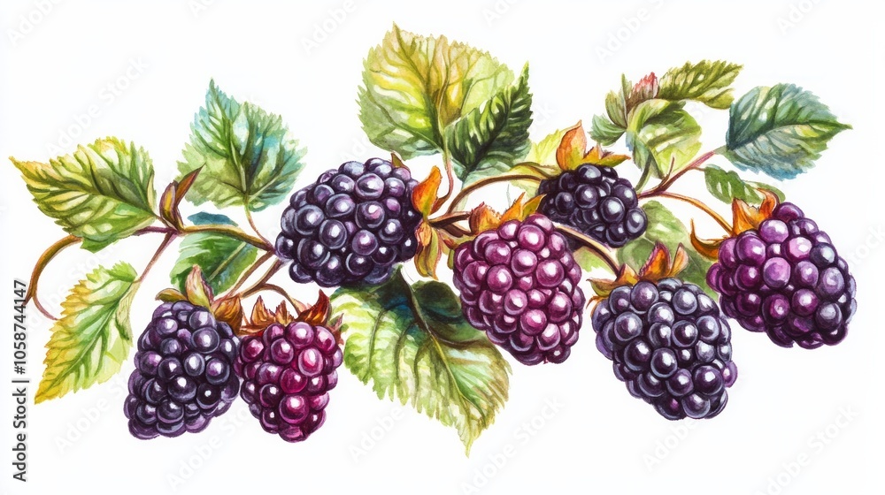 A bunch of blackberries are hanging from a leaf A bunch of blackberries are hanging from a leaf