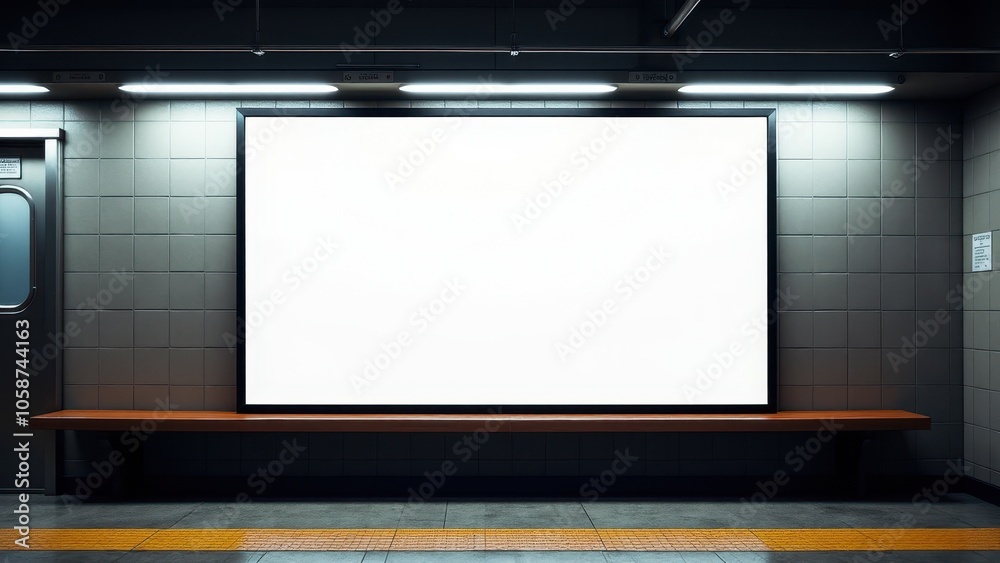 Movie poster mockup in a subway station with a blank frame on the wall, perfect for presenting film posters or ad designs in a modern, high-traffic setting. Movie poster mockup in a subway station with a blank frame on the wall, perfect for presenting film posters or ad designs in a modern, high-traffic setting.
