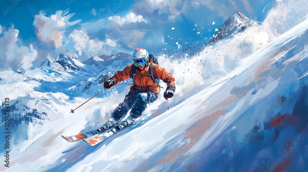 A man in an orange jacket is skiing down a snowy mountain A man in an orange jacket is skiing down a snowy mountain