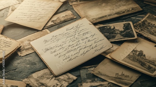 Aerial view of a collection of vintage postcards with handwritten notes, sepia-toned, concept of nostalgia and travel, sharp details, romantic theme