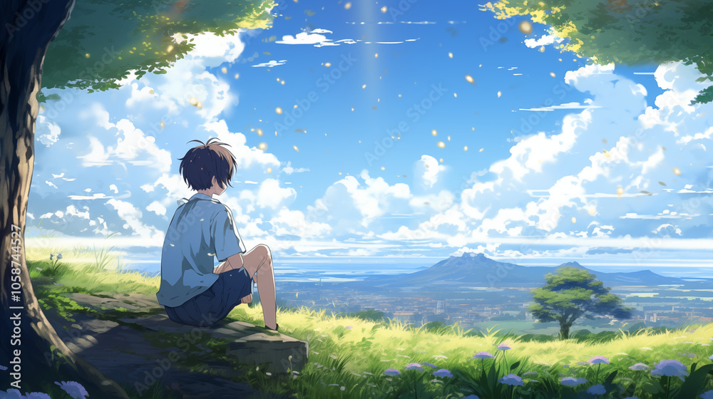 Fototapeta premium Young Boy Sitting on a Hillside with Beautiful Countryside View