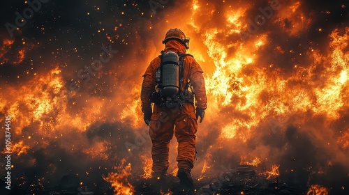 firefighter in a bright orange protective suit, standing bravely amidst a blazing cityscape; flames illuminate the night sky, creating a dramatic contrast against the dark urban backdrop