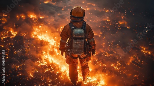 firefighter in a bright orange protective suit, standing bravely amidst a blazing cityscape; flames illuminate the night sky, creating a dramatic contrast against the dark urban backdrop