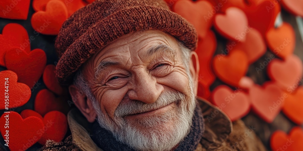 Happy elderly man enjoying Valentines Day, surrounded by vibrant red hearts, celebrating love and affection on this special occasion filled with joy and warmth. Happy elderly man enjoying Valentines Day, surrounded by vibrant red hearts, celebrating love and affection on this special occasion filled with joy and warmth.