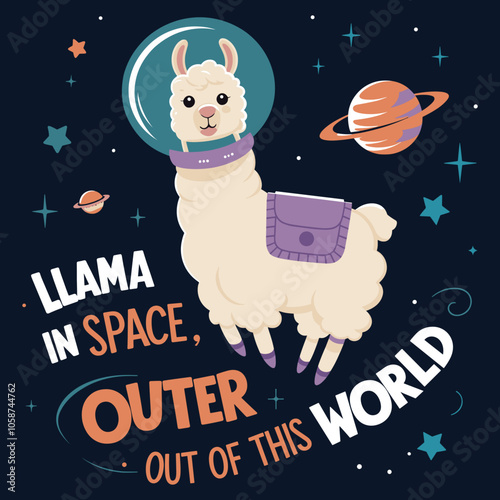 Adorable Cartoon Llama Astronaut in Space with Planets and Stars - Design for T-Shirts