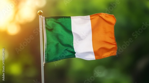 The Irish flag waving in the wind with a green, white and orange color scheme against a green, blurred background. photo