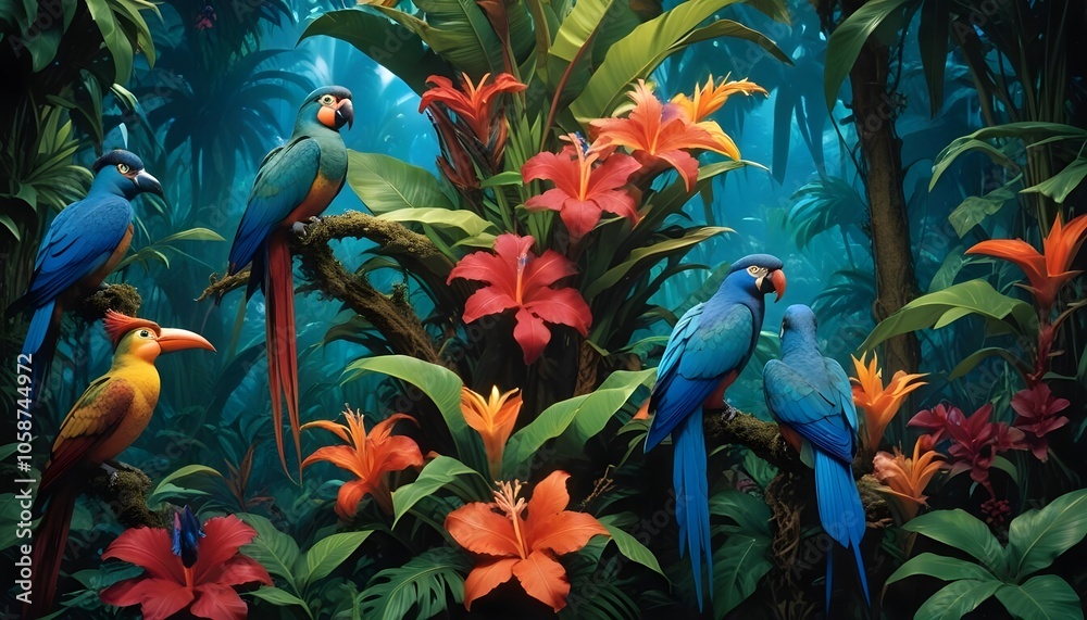 Tropical exotic pattern with animal and flowers in bright colors and lush vegetationn Tropical exotic pattern with animal and flowers in bright colors and lush vegetationn