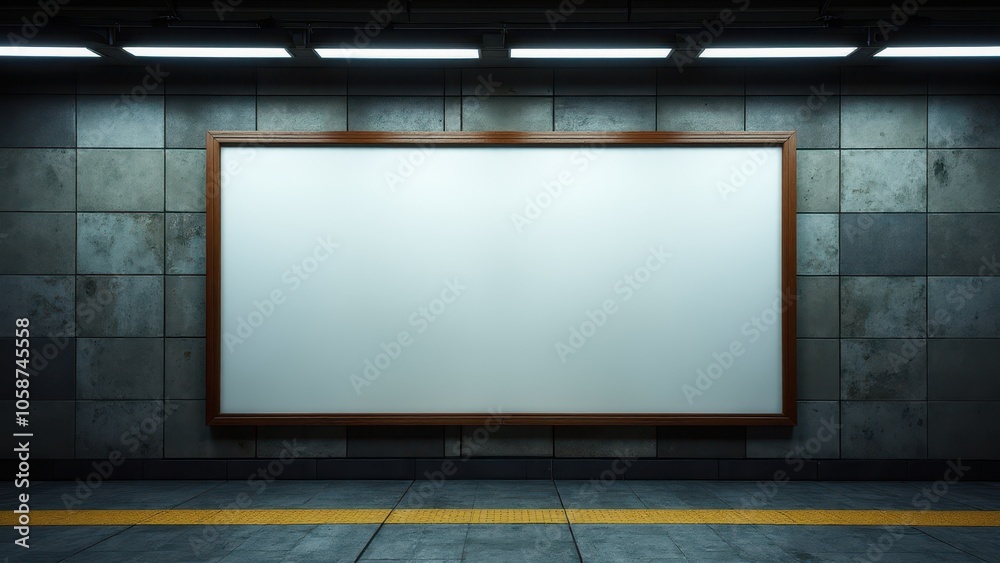 Subway movie poster mockup featuring an empty frame on the wall, perfect for displaying cinematic artwork or ads in a public transit environment. Subway movie poster mockup featuring an empty frame on the wall, perfect for displaying cinematic artwork or ads in a public transit environment.