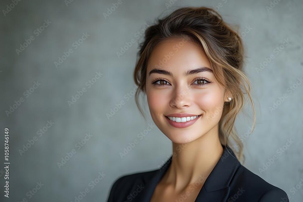 Confident Woman in Black Blazer with a Bright Smile and Brown Eyes Confident Woman in Black Blazer with a Bright Smile and Brown Eyes