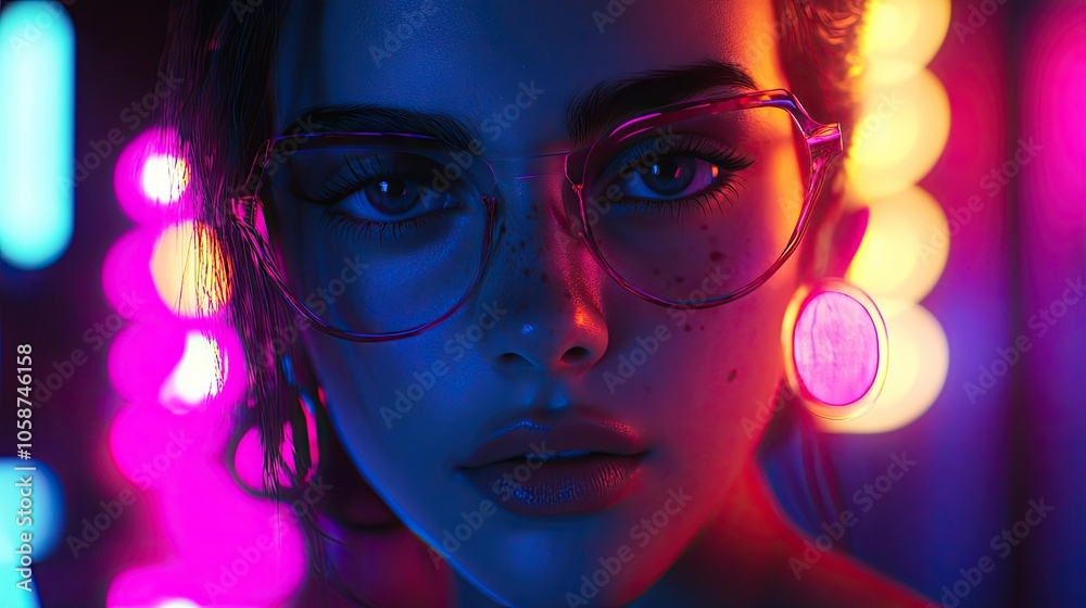 Dramatic portrait of a girl illuminated by vibrant neon lights at a nighttime event, capturing the energy and essence of the moment with ample copy space for creative use. Dramatic portrait of a girl illuminated by vibrant neon lights at a nighttime event, capturing the energy and essence of the moment with ample copy space for creative use.