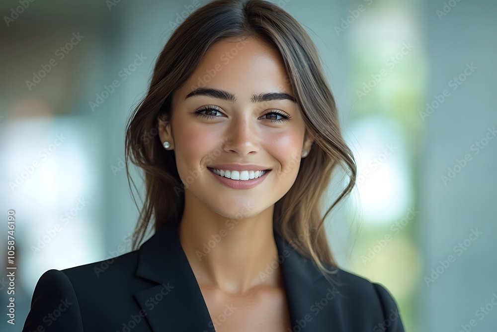 Confident Woman in Black Blazer with Bright Smile and Long Hair Confident Woman in Black Blazer with Bright Smile and Long Hair
