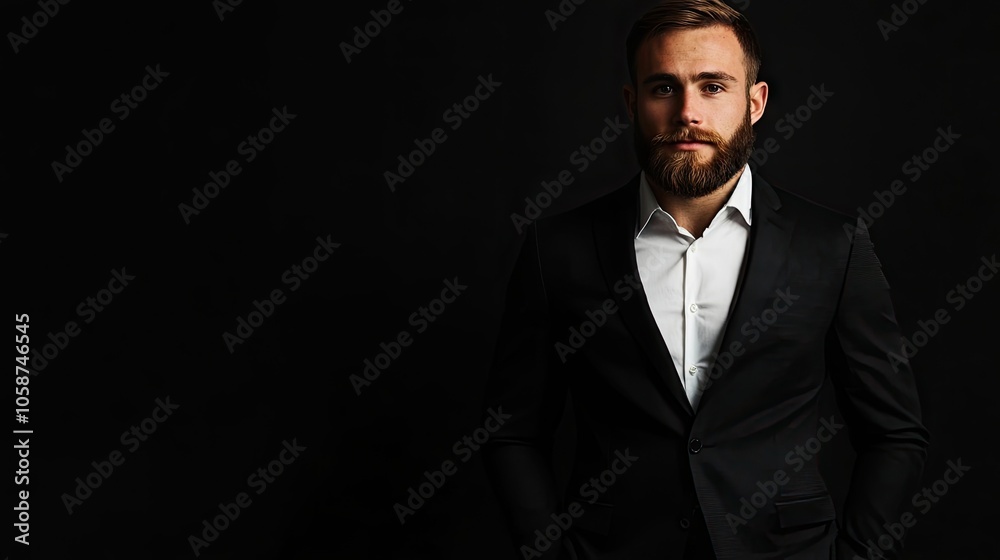 Handsome young businessman with a beard in a black suit stands confidently against a black background, offering ample free space for text or graphics. Modern and stylish business attire. Handsome young businessman with a beard in a black suit stands confidently against a black background, offering ample free space for text or graphics. Modern and stylish business attire.
