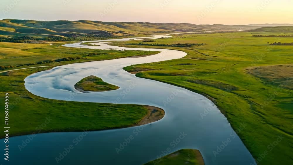 A winding river flows through a lush green valley in the late afternoon