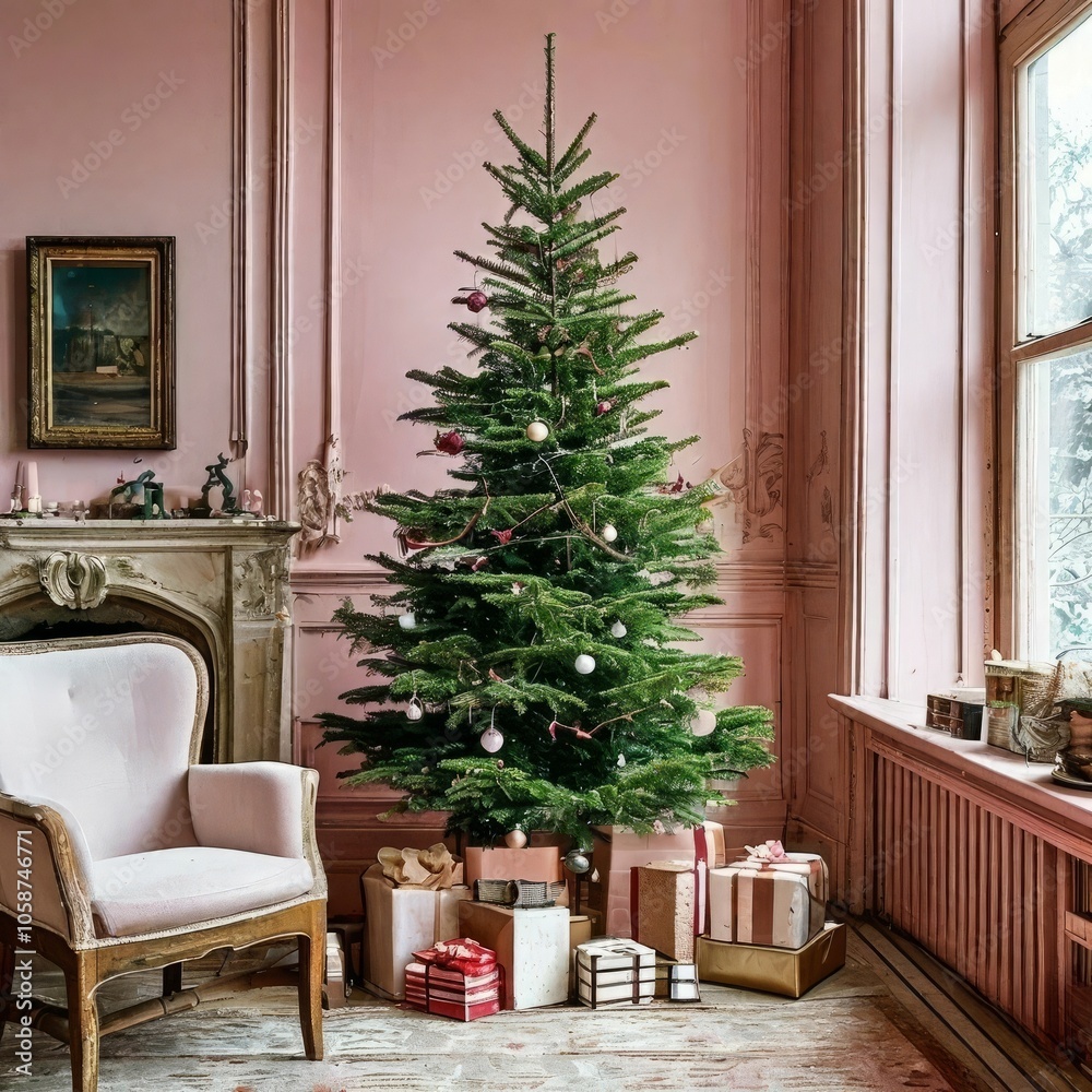 This captivating photo showcases a festive Christmas tree in a warm and inviting living room. 
