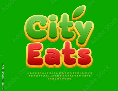 Vector artistic signboard City Eats. Creative Green and Yellow Font. Bright Alphabet Letters and Numbers set.