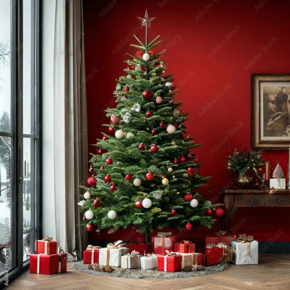 This captivating photo showcases a festive Christmas tree in a warm and inviting living room. This captivating photo showcases a festive Christmas tree in a warm and inviting living room.