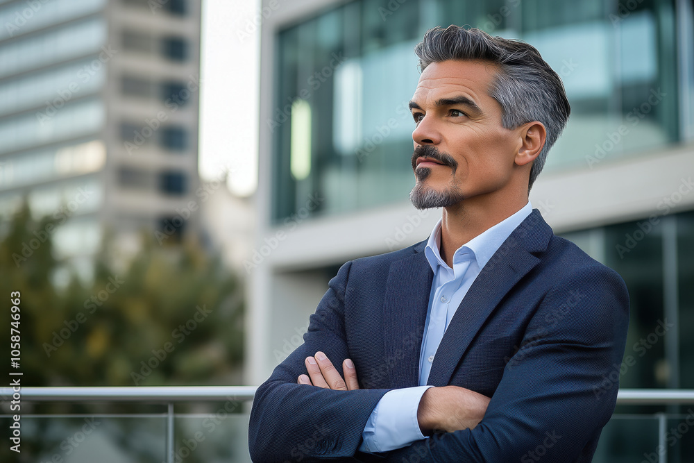 Confident Businessman with Arms Crossed Outside Corporate Building – Professional Leadership and Strategic Focus Concept Banner Confident Businessman with Arms Crossed Outside Corporate Building – Professional Leadership and Strategic Focus Concept Banner
