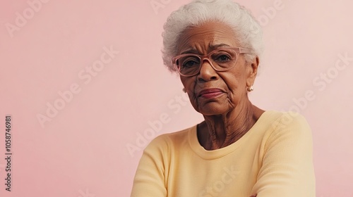 Portrait of an elderly woman on a soft pink background, capturing the essence of grace and wisdom. The portrait highlights the beauty of age, with ample space for text.