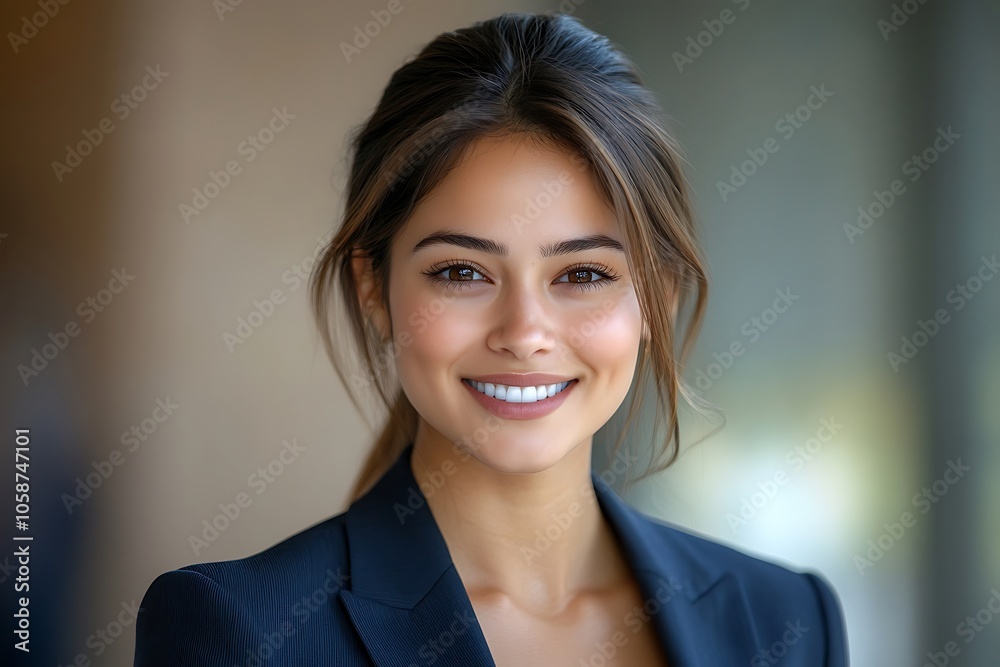 Confident Woman in Blue Blazer Smiling with White Teeth Confident Woman in Blue Blazer Smiling with White Teeth