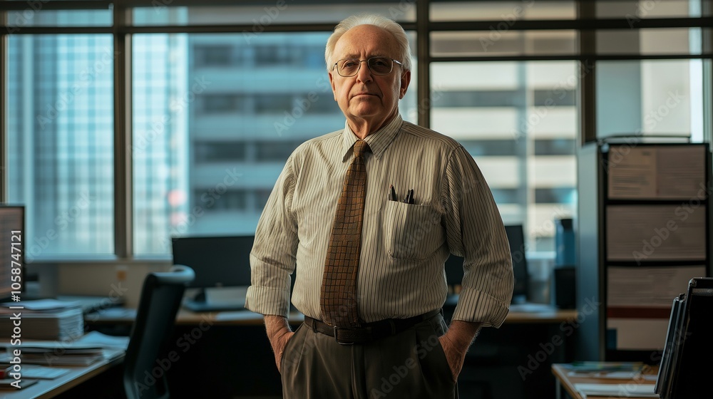 Confident elderly businessman standing in a modern office, exuding wisdom and leadership. Confident elderly businessman standing in a modern office, exuding wisdom and leadership.