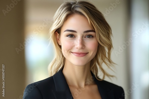 Confident Woman in Business Attire, Headshot with Blurry Background