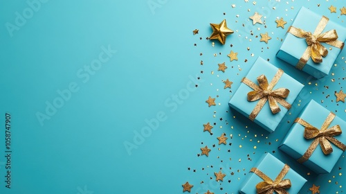 Festive greeting card featuring gift boxes and golden stars set against a blue turquoise background perfect for celebrations like Christmas or birthdays