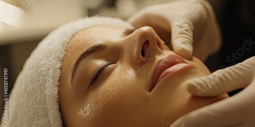 Close up of a facial treatment for women at a salon, showcasing the care and attention given to female skincare during the treatment procedure. photo