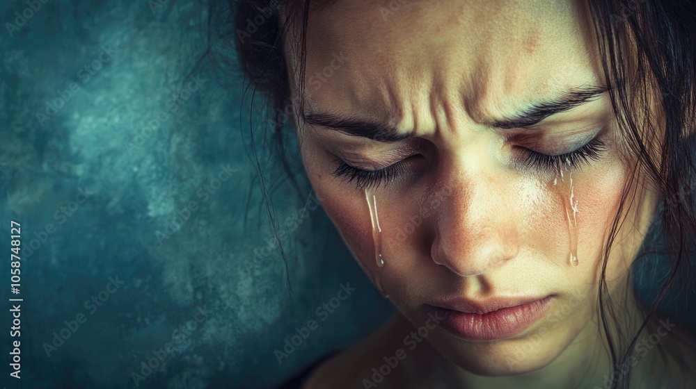 Emotional portrait capturing a woman with tears, conveying deep feelings. This dramatic portrait of a woman evokes a powerful response, allowing for impactful storytelling. Copy space included. Emotional portrait capturing a woman with tears, conveying deep feelings. This dramatic portrait of a woman evokes a powerful response, allowing for impactful storytelling. Copy space included.
