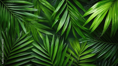 Close up texture of vibrant green leaves showcasing a tropical nature background featuring lush palm foliage