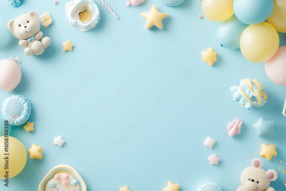 Pastel Baby Shower Decorations on a Light Blue Background Pastel Baby Shower Decorations on a Light Blue Background