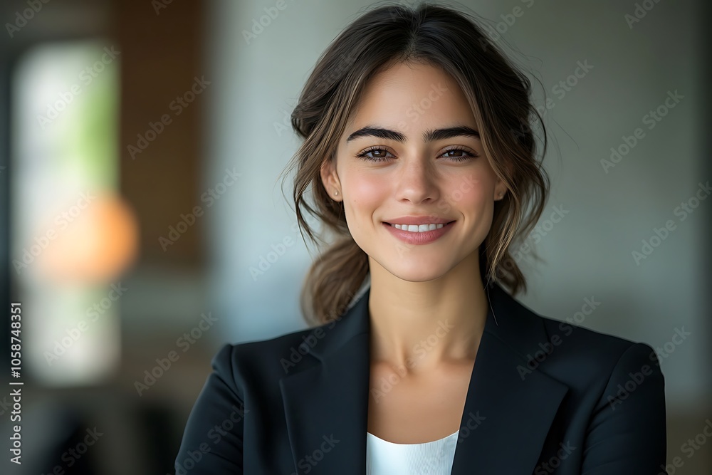Confident Woman Smiling in Bright Office Portrait Confident Woman Smiling in Bright Office Portrait