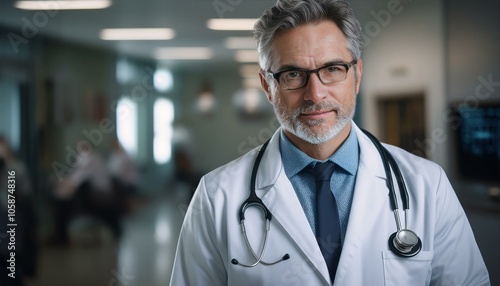 Confident Doctor: Portrait of a mature male physician in a hospital hallway. He exudes professionalism and competence.