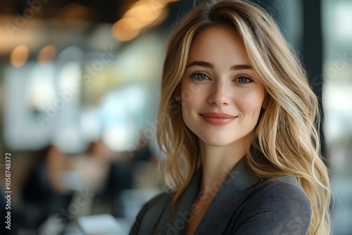 Confident Woman Smiling in Office Portrait with Blurry Background Free Download Confident Woman Smiling in Office Portrait with Blurry Background - GFXLoad