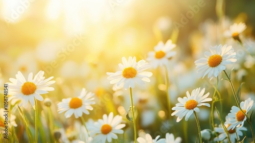 Vibrant meadow filled with chamomile flowers in a wide format featuring ample copy space