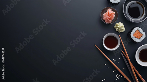 Sushi and Soy Sauce on Black Background with Copy Space