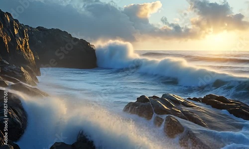 Foamy Ocean Waves Embrace Dark Rocks