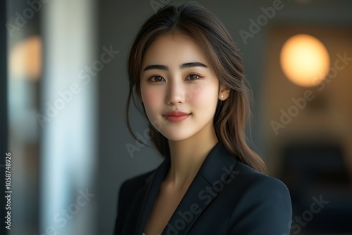 Confident Woman with Long Brown Hair in a Black Blazer