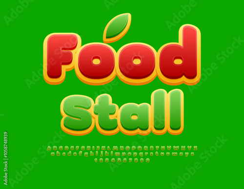 Vector creative banner Food Stall. Cute Green and Yellow Font. Bright Alphabet Letters and Numbers set. 