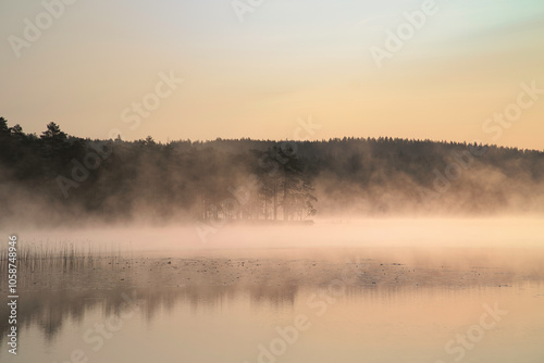 Sunrise with fog forming over a lake in Sweden, at dawn. Romantic silence