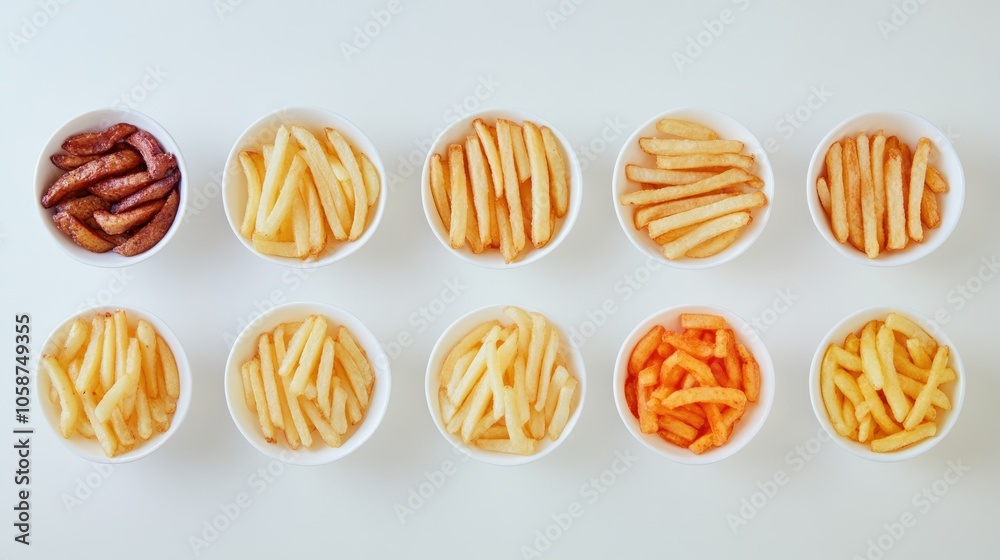 Assorted French fries arranged on a white surface viewed from above Concept of fast food and snacks Assorted French fries arranged on a white surface viewed from above Concept of fast food and snacks