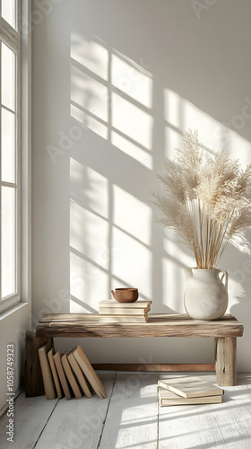 3D Illustration Minimal Interior Design Pampas Grass Sunlight Window